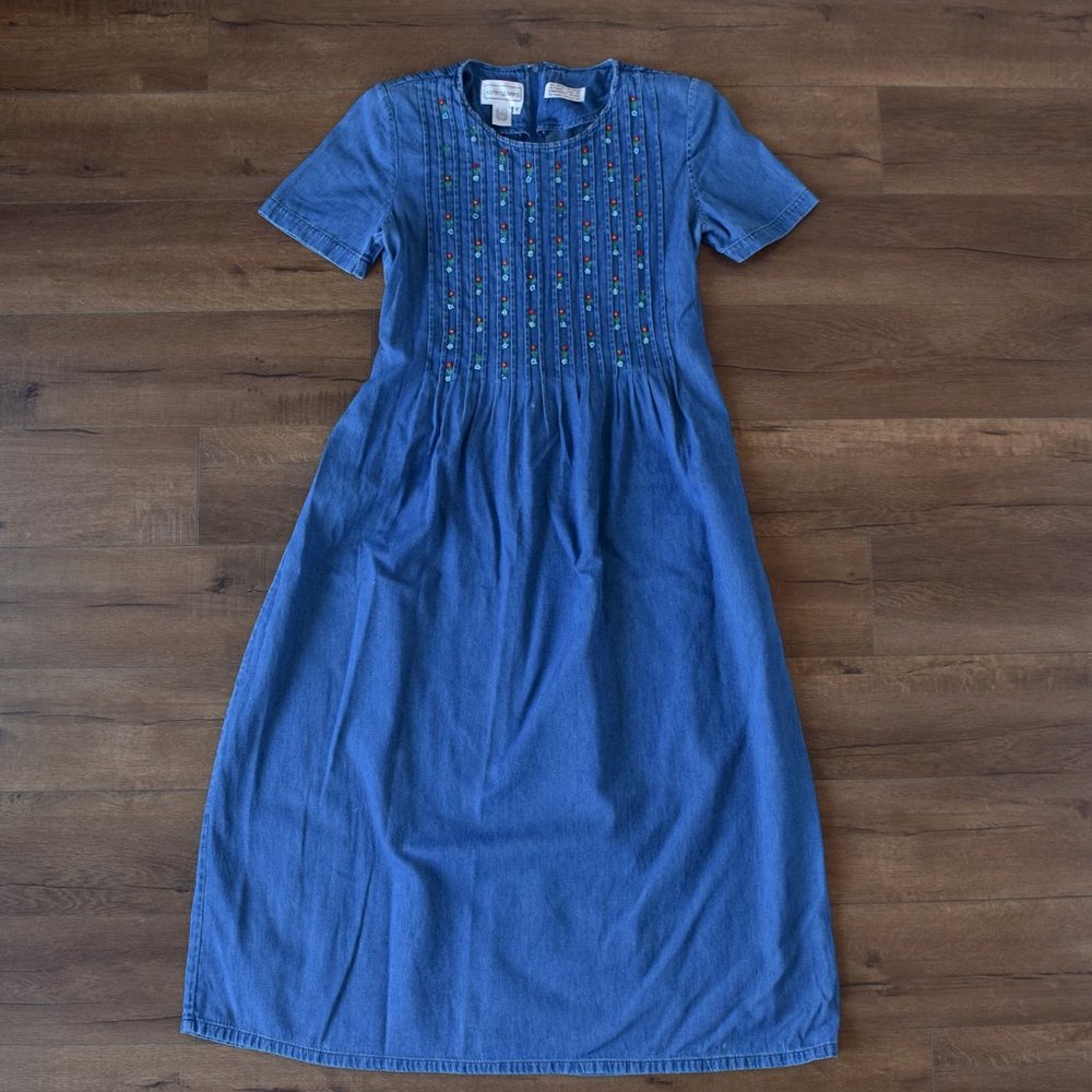 Denim Midi Dress with Pintuck Embroidery - Blue